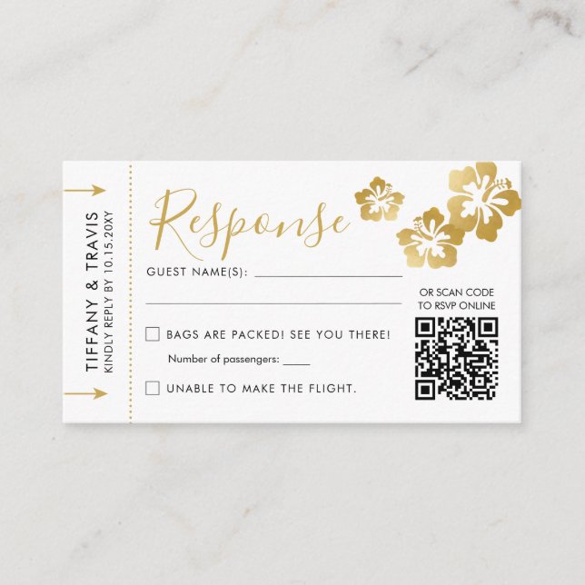 Hawaii Wedding Boarding Pass Ticket Mini QR RSVP Enclosure Card (Front)