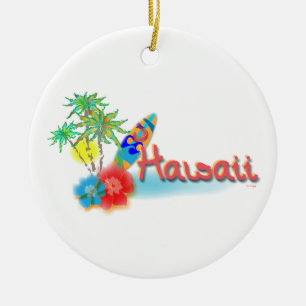 Hawaii with Palms, Flowers and Surfboard Ceramic Ornament