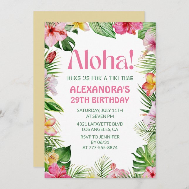 Hawaiian 29th birthday invitation Tropical Floral (Front/Back)
