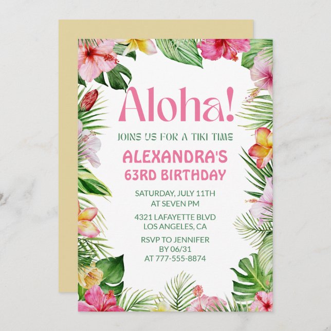 Hawaiian 63rd birthday invitation Tropical Floral (Front/Back)