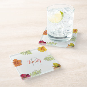 Hawaiian Aloha Floral  Glass Coaster