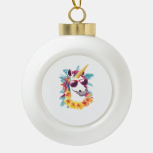Hawaiian Aloha Unicorn Ceramic Ball Christmas Ornament