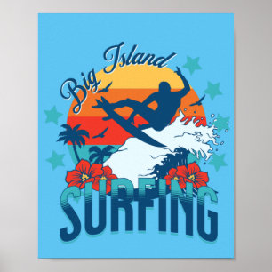 Hawaiian Art Big Island Vintage Style Surfing  Poster