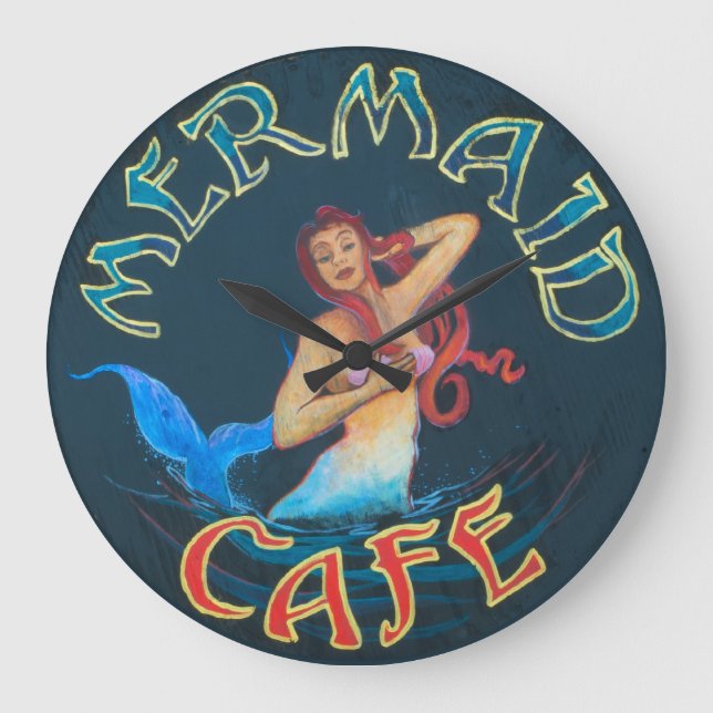 Hawaiian Art by C. Cabral: Mermaid Cafe Sign Large Clock (Front)