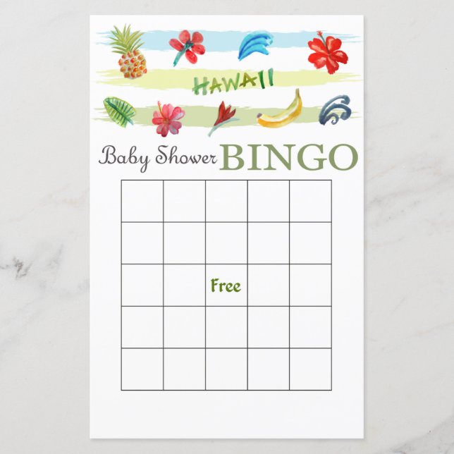 Hawaiian baby shower bingo card (Front)