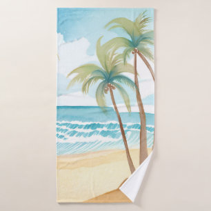 Hawaiian Beach Palm Tree Tropical Watercolor Bath Towel