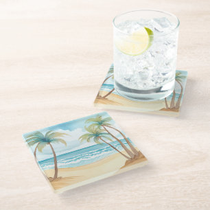 Hawaiian Beach   Palm Tree Tropical Watercolor Glass Coaster