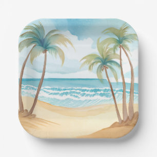 Hawaiian Beach Palm Tree Tropical Watercolor Paper Plate