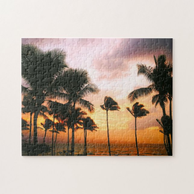 Hawaiian Beach Palm Trees Sunset - Hawaii Travel Jigsaw Puzzle (Horizontal)