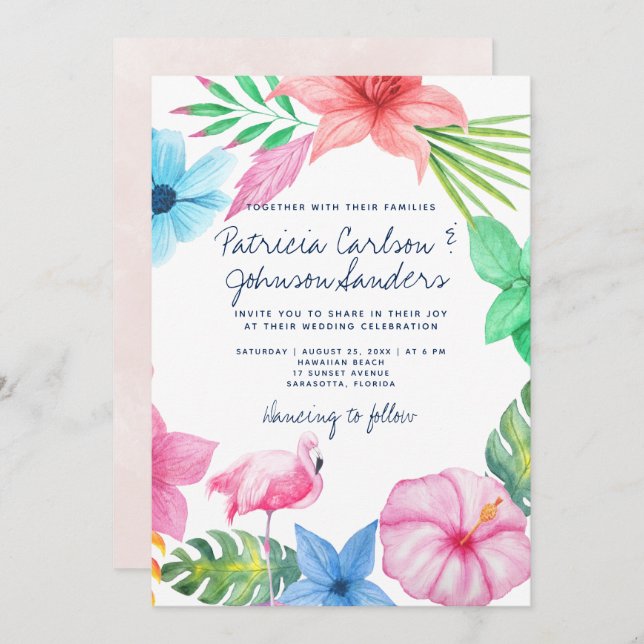 Hawaiian beach pink flamingo floral luau wedding invitation (Front/Back)
