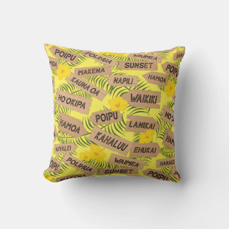 Hawaiian Beaches and Hibiscus Flowers on Yellow Cushion