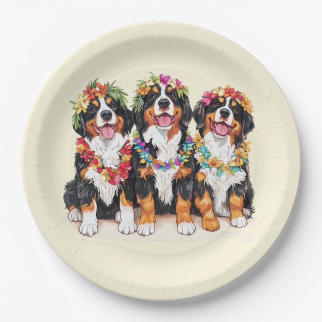 Hawaiian Bernese Mountain Dogs Flower Lei Paper Plate (Front)