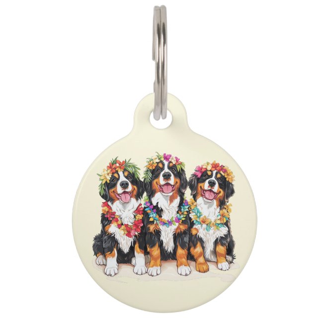 Hawaiian Bernese Mountain Dogs Flower Lei Pet Tag (Front)