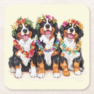 Hawaiian Bernese Mountain Dogs Flower Lei Square Paper Coaster