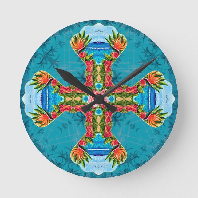 Hawaiian Bird of Paradise Cross (Blue) Round Clock (Front)
