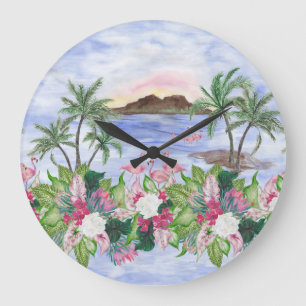 Hawaiian Bliss: Tropical Watercolor Pattern Large Clock