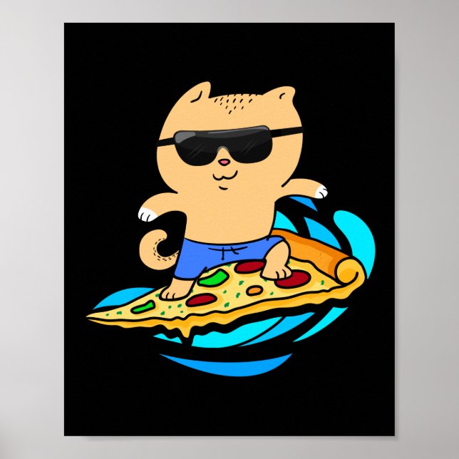 Hawaiian Cat Surfing On Pizza Slice Poster (Front)