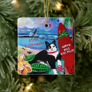 Hawaiian Christmas Cat at Poipu Ceramic Ornament