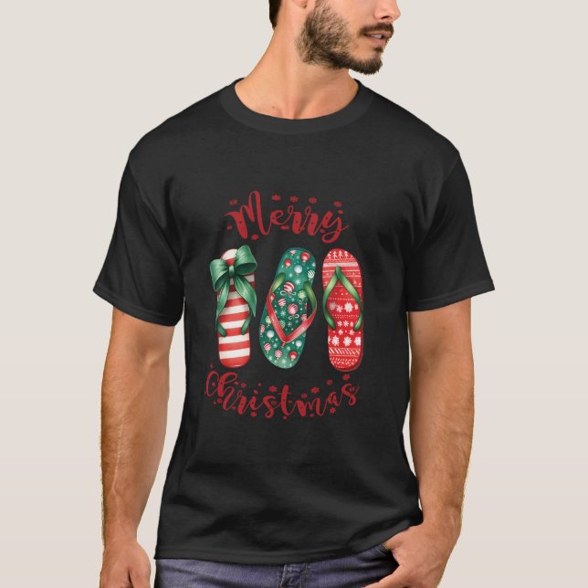 Hawaiian Christmas Flip Flops Beach Vacation Tropi T-Shirt (Front)