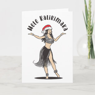 Hawaiian Christmas Hula Skirt Girl Santa Hat Mele Card