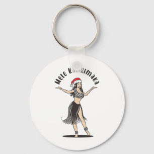 Hawaiian Christmas Hula Skirt Girl Santa Hat Mele Key Ring