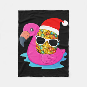 Hawaiian Christmas In July Flamingo Pineapple Sant Fleece Blanket