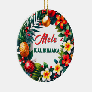 Hawaiian Christmas  Tropical Wreath Ceramic Ornament