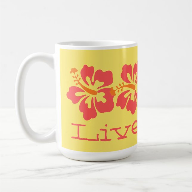 Hawaiian Coral Hibiscus "Live Pono" Surfer Retro Coffee Mug (Left)