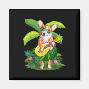 Hawaiian Corgi Dog & Pineapple Ukulele Summer Magnet