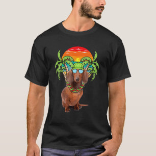 Hawaiian Dachshund Wearing Sunglasses Sunset On Be T-Shirt