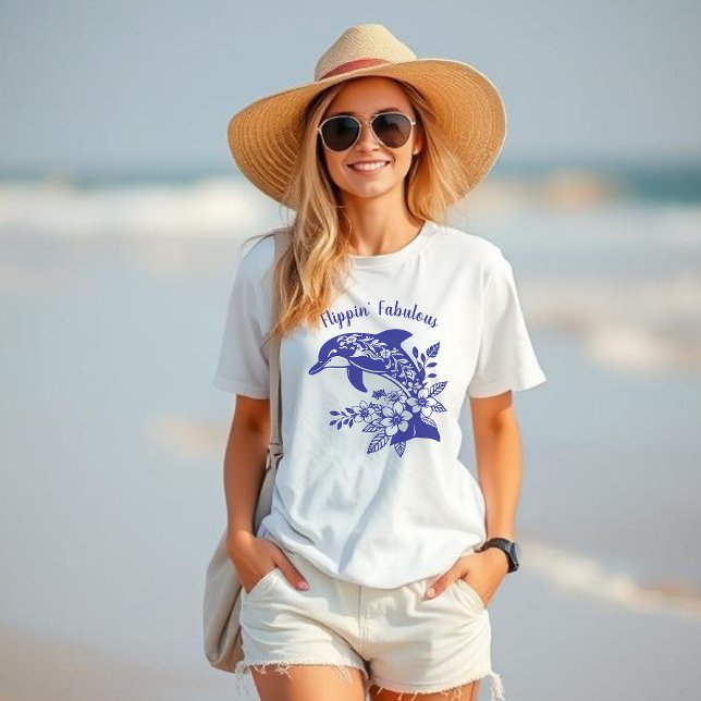Hawaiian Dolphin Flippin’ Fabulous Blue T-Shirt (Dolphin-Hawaiian-Tropical Flowers-Flippin Fabulous-Trending Fisherman Style Fashion- blue womans t s)
