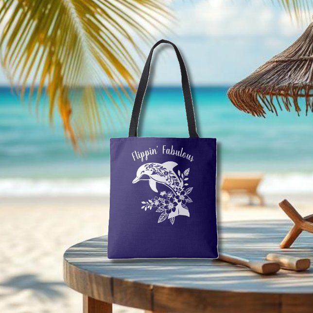Hawaiian Dolphin-Flippin' Fabulous-Dark Blue Tote Bag (Hawaiian Dolphin, Flippin Fabulous, Islander Summer, Beach, Fisherman Trend, blue Tote)