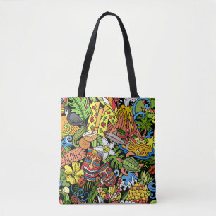 Hawaiian doodles: colourful, seamless cartoon patt tote bag