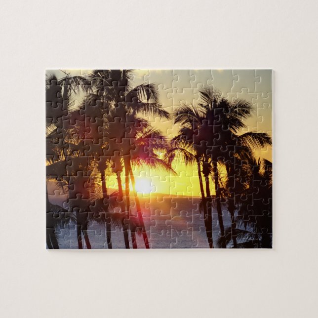 Hawaiian Exotic Beach Palm Trees Sunset Jigsaw Puzzle (Horizontal)