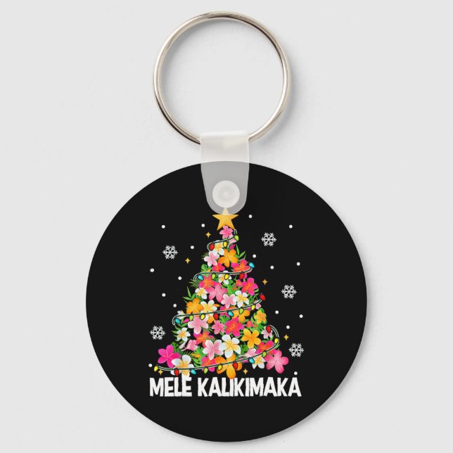 Hawaiian Floral Christmas Tree Mele Kalikimaka Tro Key Ring (Front)