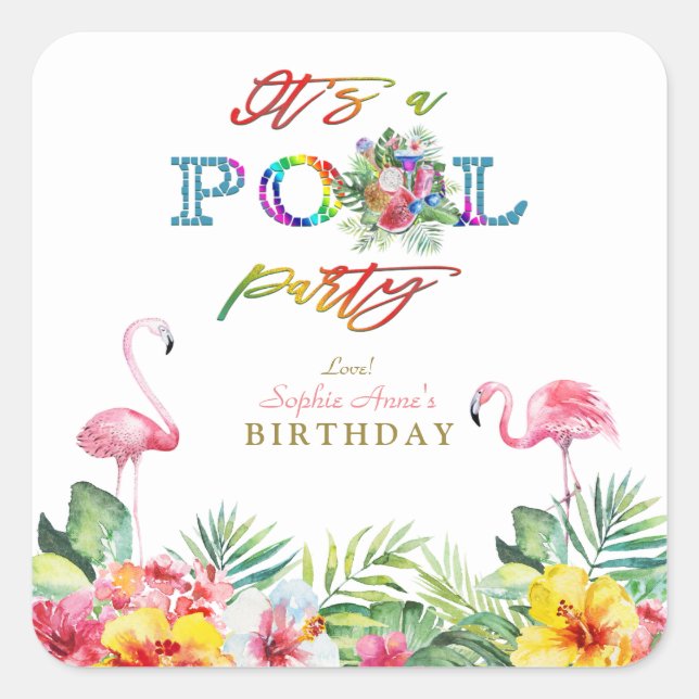 Hawaiian Floral Fruits Birds Pool Birthday Square Sticker (Front)
