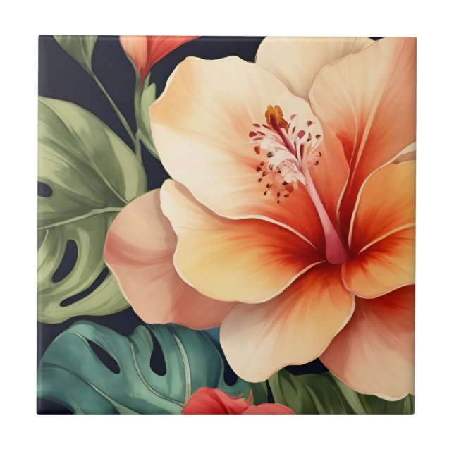 Hawaiian Floral Hibiscus Flower Ceramic Tile (Front)