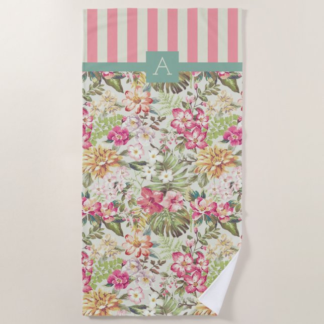Hawaiian Floral & Stripes | Monogram Beach Towel (Front)