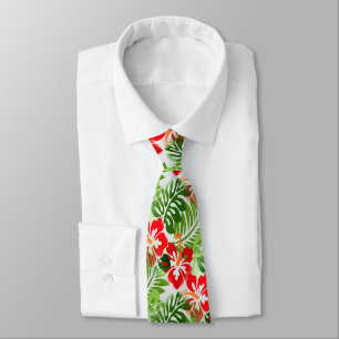 Hawaiian Flowered Pattern Red Green Tie