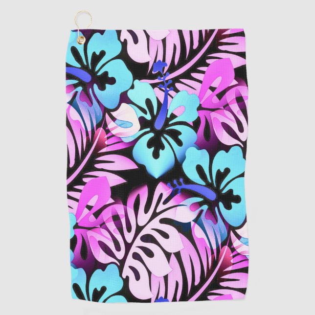 Hawaiian Flowered Pattern Tropical Pink Aqua Blue  Golf Towel (Front)