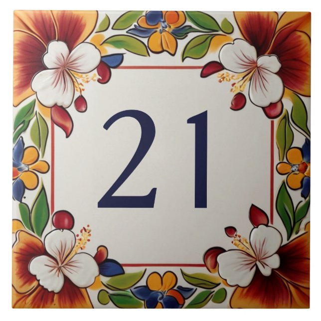 Hawaiian Flowers Floral House Number Sign Plaque Ceramic Tile (Front)