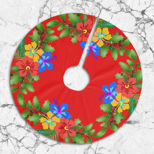 Hawaiian Flowers Hibiscus Red Brushed Polyester Tree Skirt