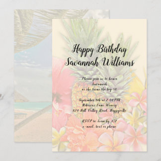 Hawaiian Flowers Pineapples Birthday Party Invite
