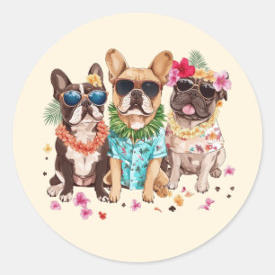 Hawaiian French Bulldogs Flower Lei Classic Round Sticker