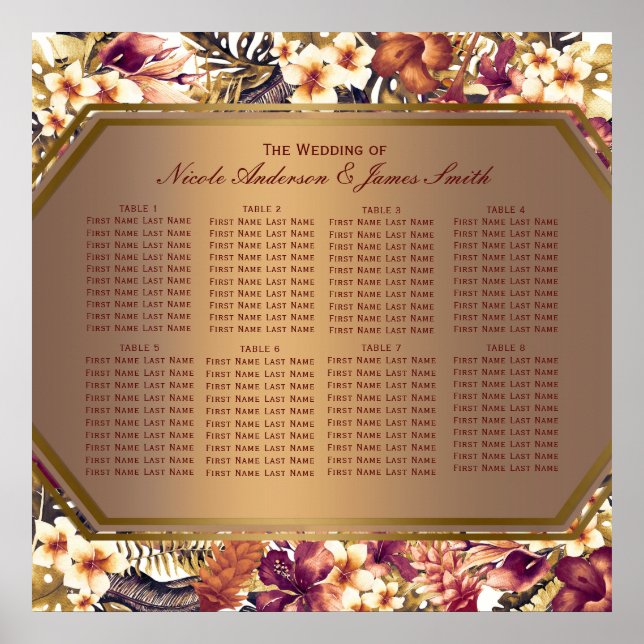 Hawaiian Golden Tropics Wedding Seating Chart (Front)