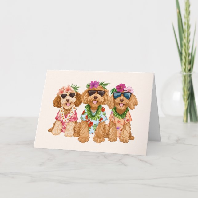 Hawaiian Goldendoodle Dogs Flower Lei Card (Front)