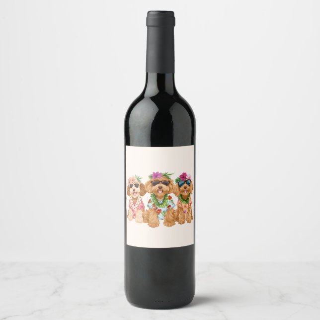 Hawaiian Goldendoodle Dogs Flower Lei Wine Label (Front)