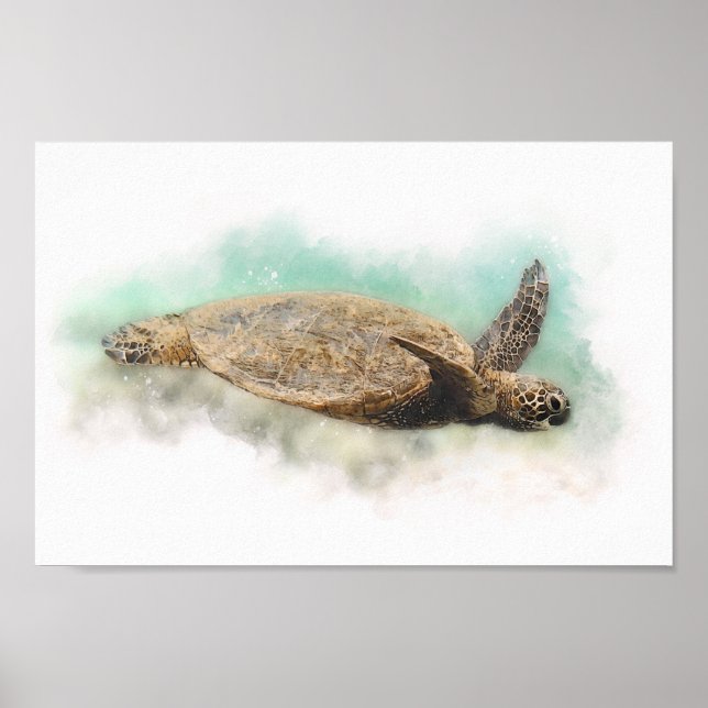 Hawaiian Green Sea Turtle  - Sea Turtle Watercolor Poster (Front)
