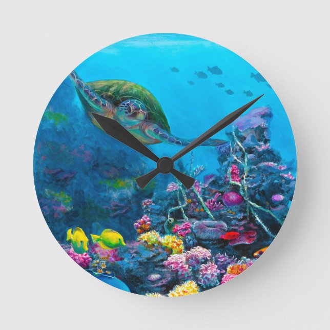 Hawaiian Green Sea Turtle Tropical Fish Reef Round Clock (Front)