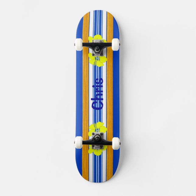 Hawaiian Hibiscus Blue Surfboard Skateboard (Front)